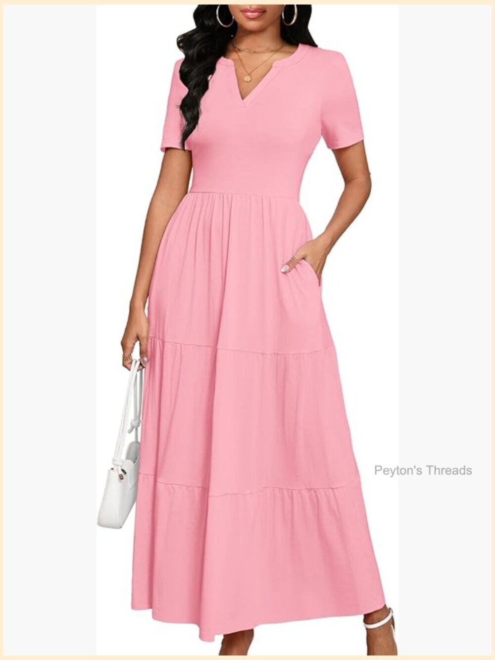 Women's V-Neck Short Sleeve Maxi Dress with Pockets Tiered Swing Dress